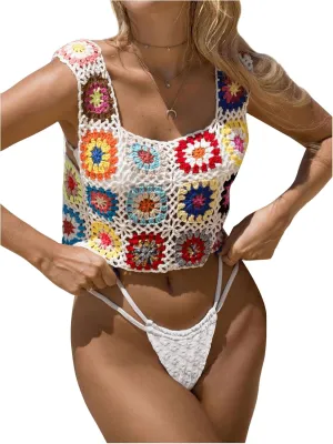SHENHE Women's Sheer Floral Crochet Square Neck Sleeveless Cover Up Tank Crop Tops