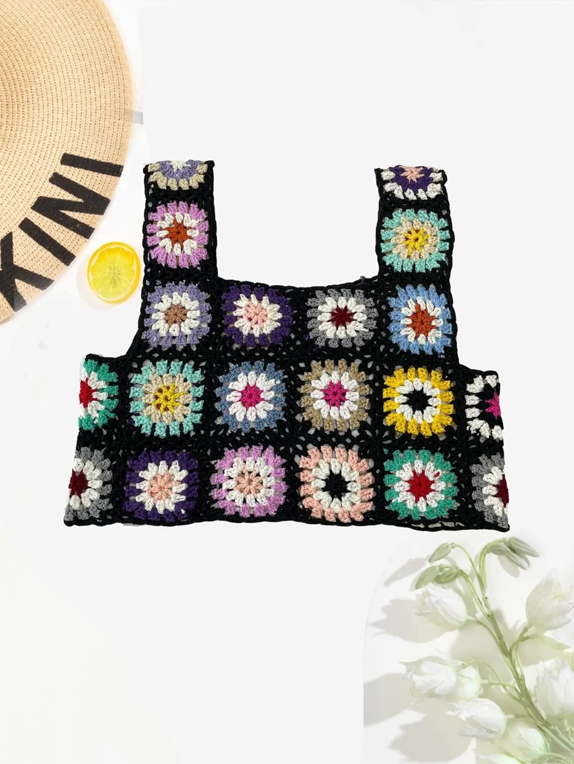 SHENHE Women's Sheer Floral Crochet Square Neck Sleeveless Cover Up Tank Crop Tops