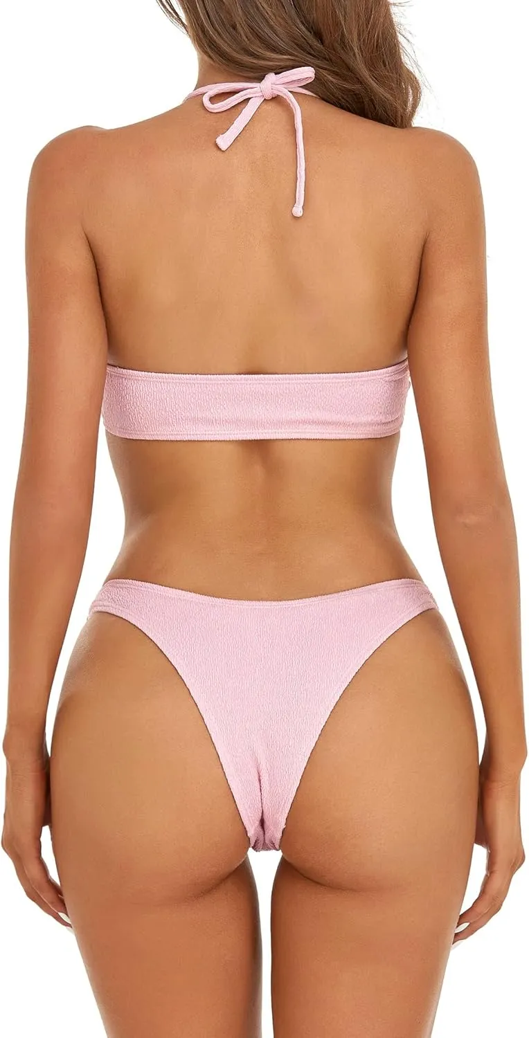 SHERRYLO Women's High Cut Bikini Set, Halter Triangle Top, Cheeky Bottom, Quick Dry Swimsuit