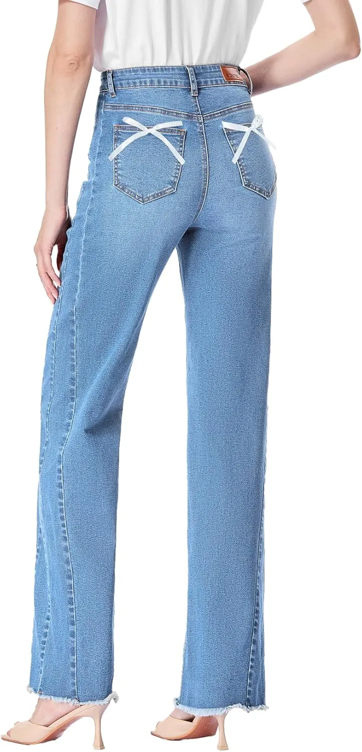 Sidefeel Women's Bowknot Wide Leg Jeans High Waisted Strechy Raw Hem Denim Pants