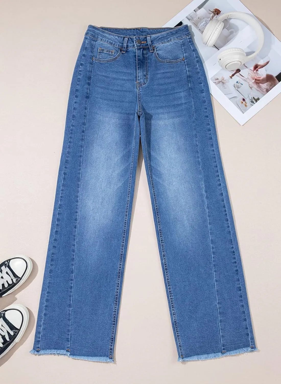 Sidefeel Women's Bowknot Wide Leg Jeans High Waisted Strechy Raw Hem Denim Pants