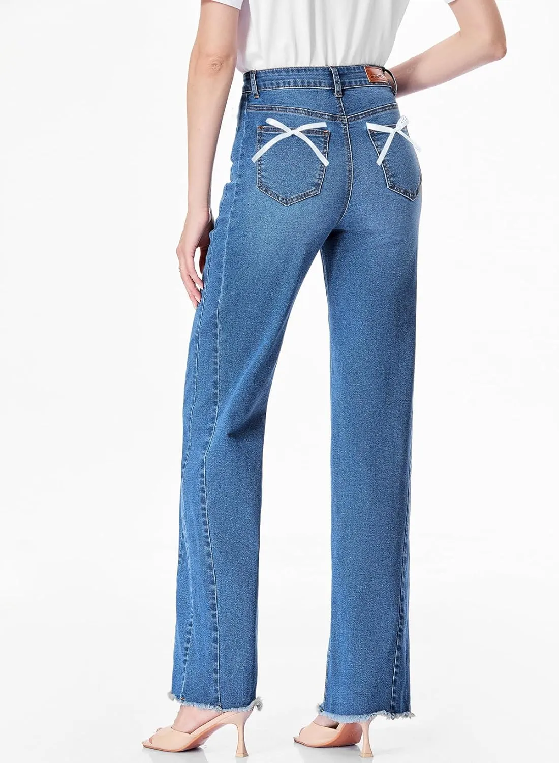 Sidefeel Women's Bowknot Wide Leg Jeans High Waisted Strechy Raw Hem Denim Pants