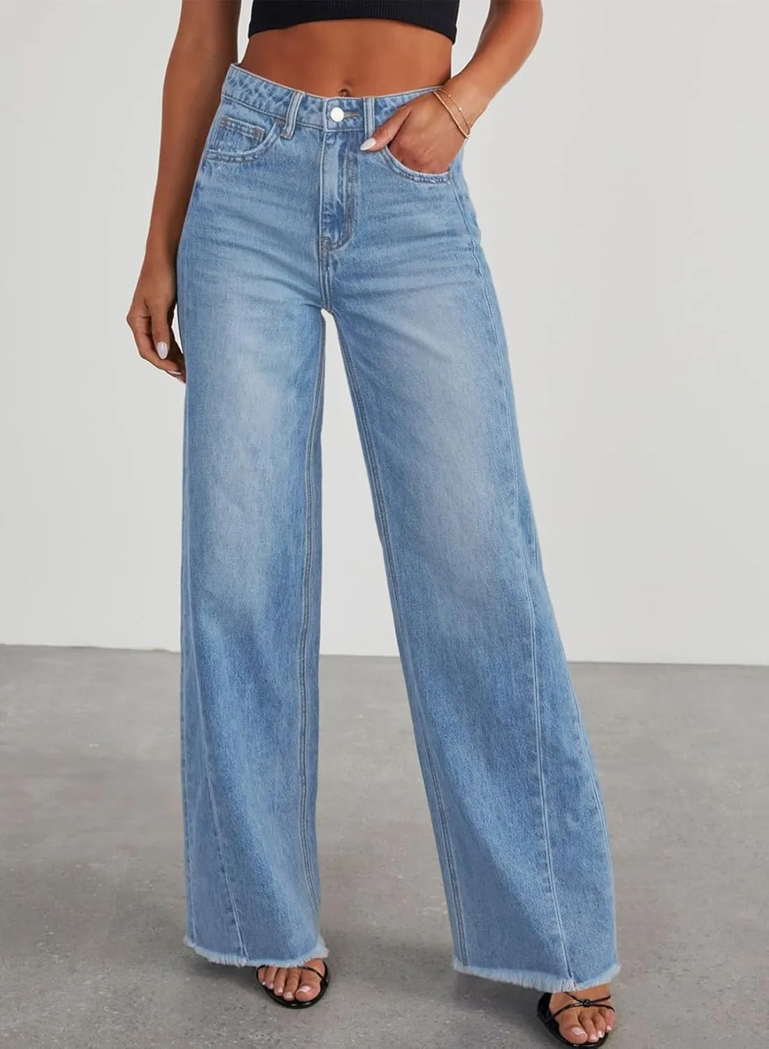 Sidefeel Women's Bowknot Wide Leg Jeans High Waisted Strechy Raw Hem Denim Pants