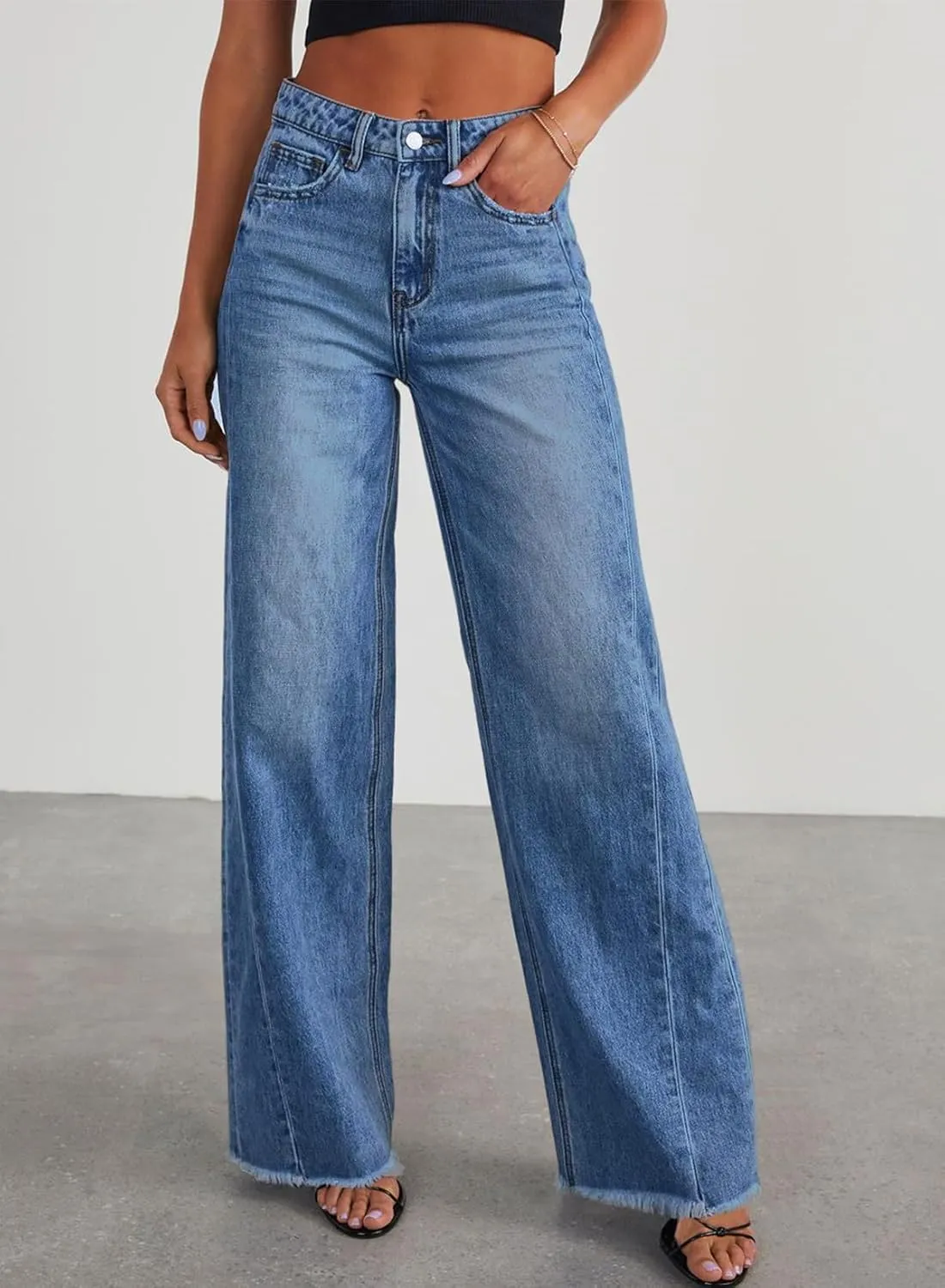 Sidefeel Women's Bowknot Wide Leg Jeans High Waisted Strechy Raw Hem Denim Pants