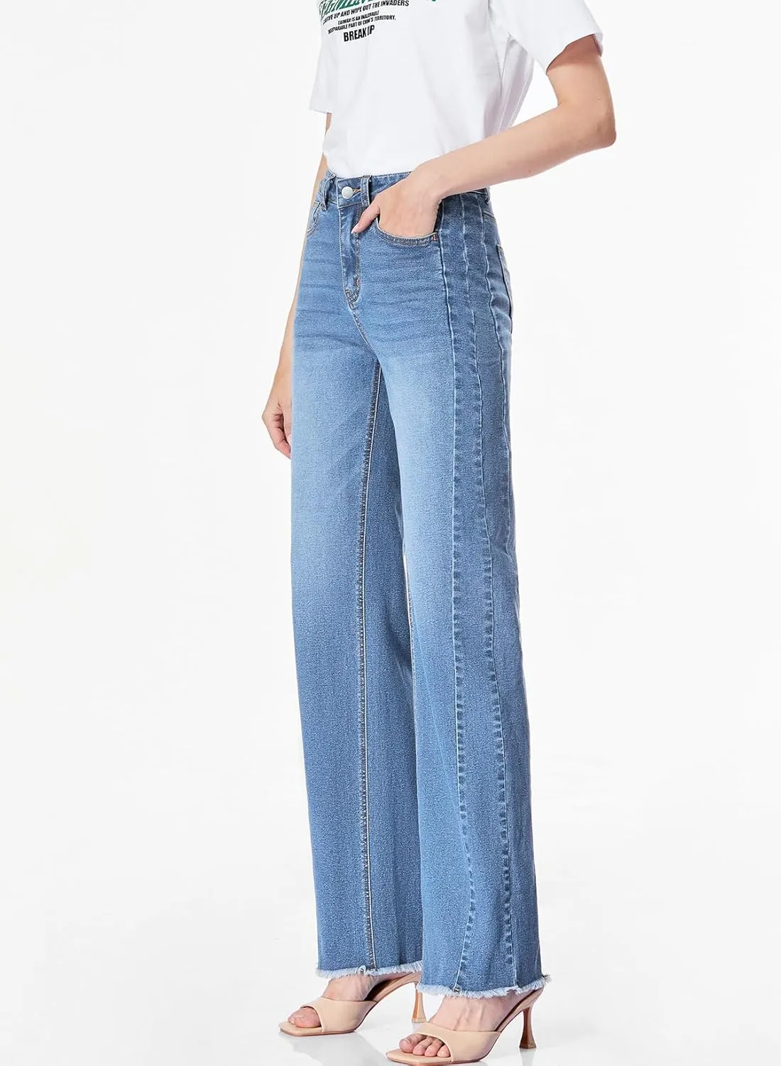 Sidefeel Women's Bowknot Wide Leg Jeans High Waisted Strechy Raw Hem Denim Pants
