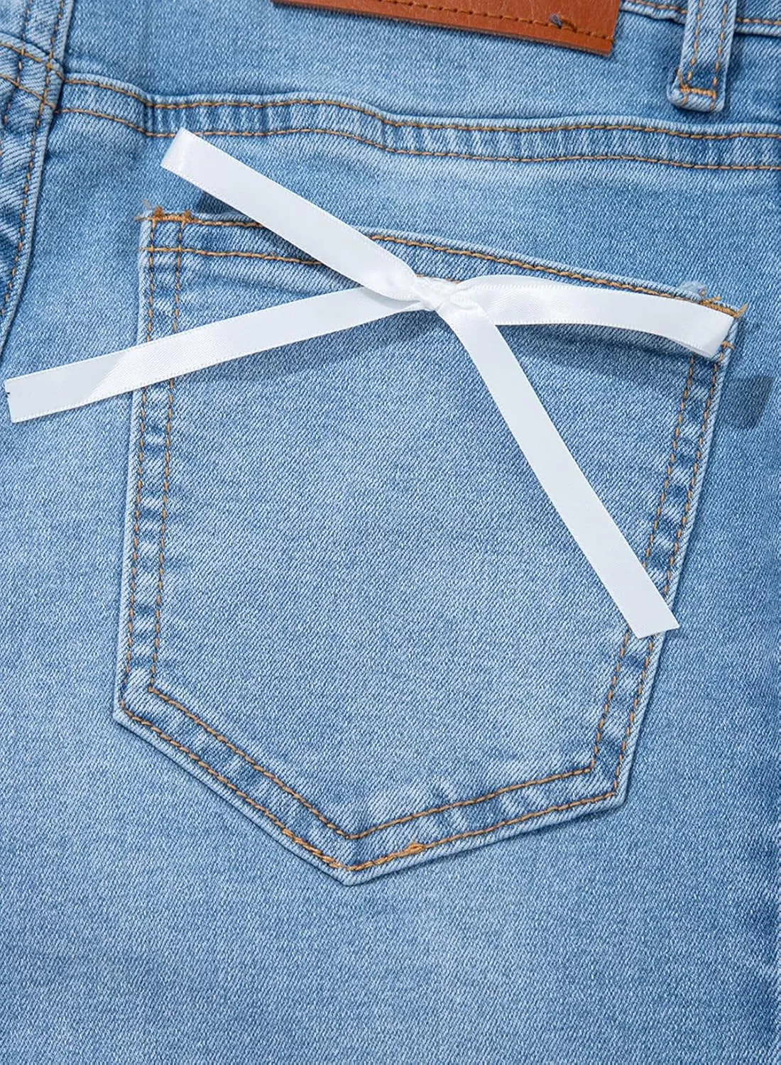 Sidefeel Women's Bowknot Wide Leg Jeans High Waisted Strechy Raw Hem Denim Pants
