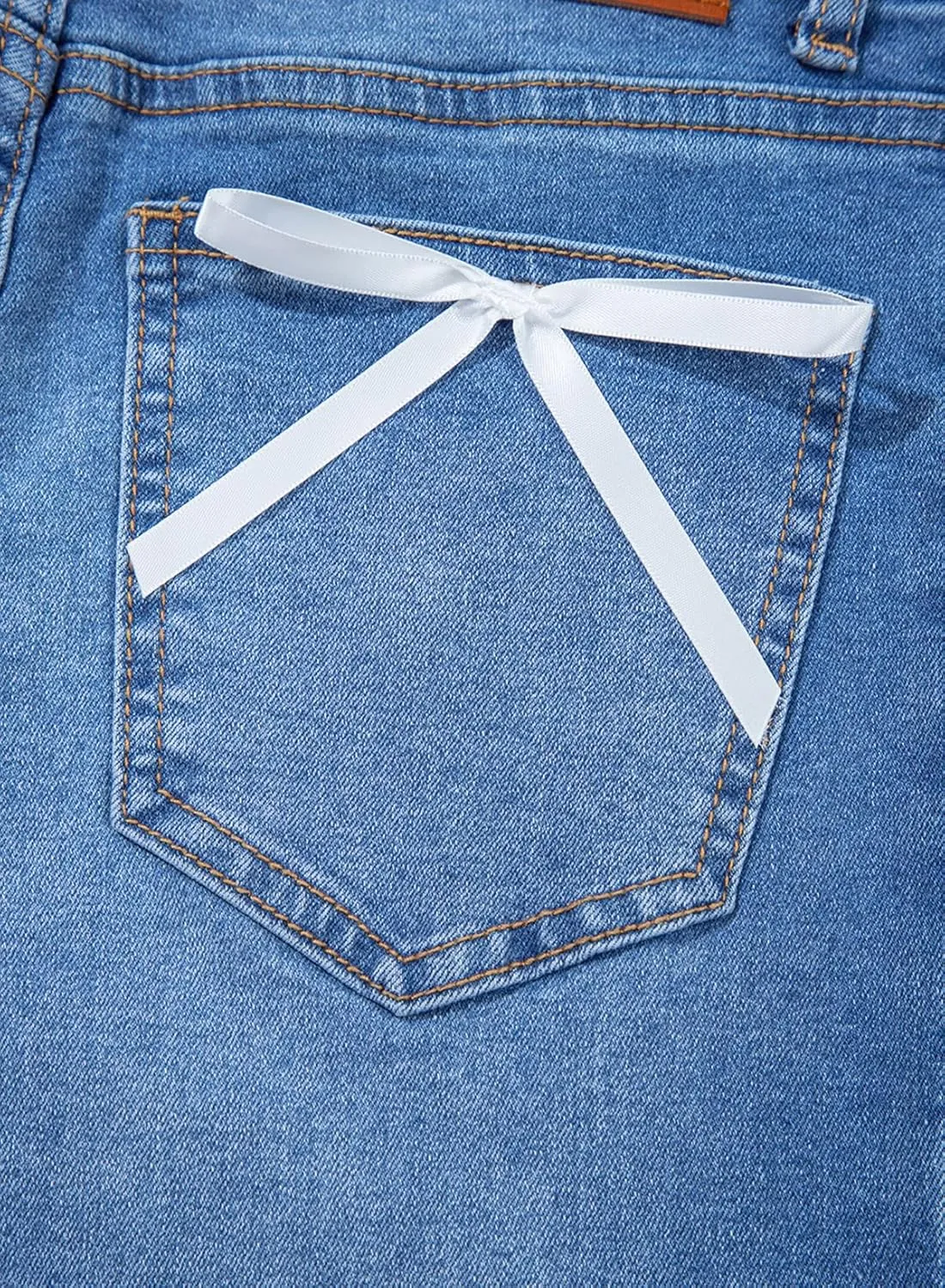 Sidefeel Women's Bowknot Wide Leg Jeans High Waisted Strechy Raw Hem Denim Pants