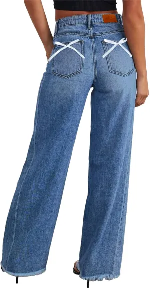 Sidefeel Women's Bowknot Wide Leg Jeans High Waisted Strechy Raw Hem Denim Pants
