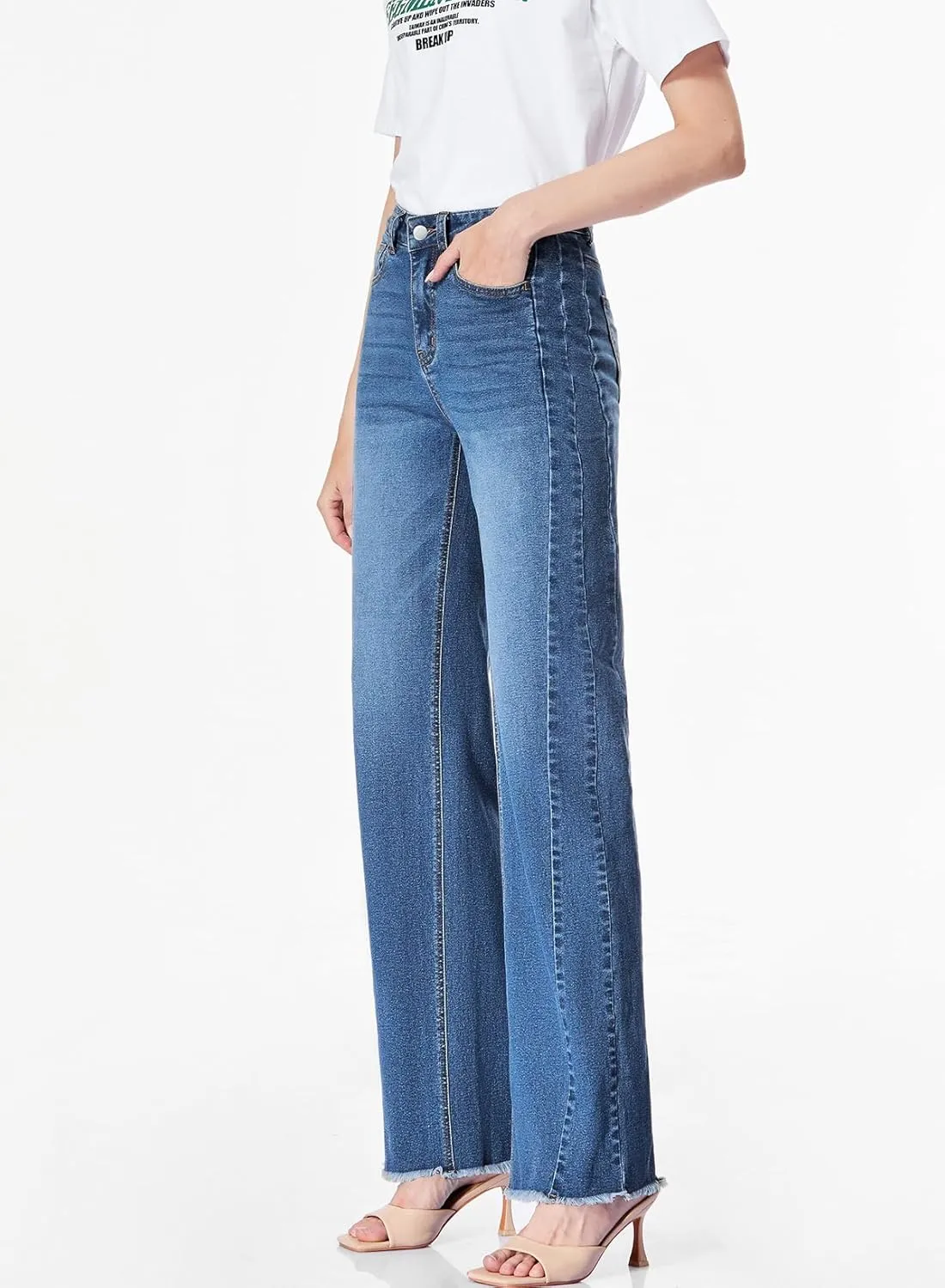 Sidefeel Women's Bowknot Wide Leg Jeans High Waisted Strechy Raw Hem Denim Pants