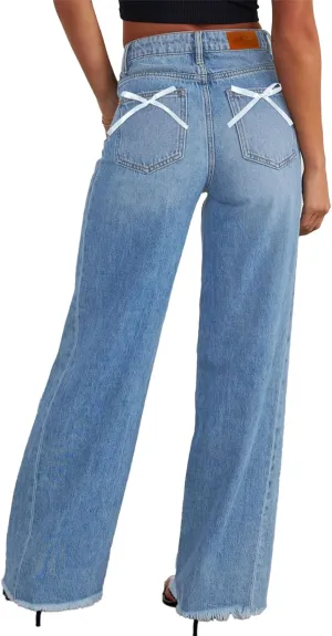 Sidefeel Women's Bowknot Wide Leg Jeans High Waisted Strechy Raw Hem Denim Pants