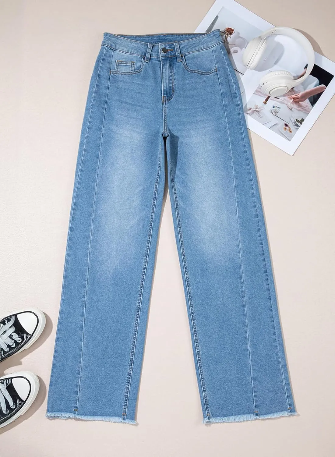Sidefeel Women's Bowknot Wide Leg Jeans High Waisted Strechy Raw Hem Denim Pants