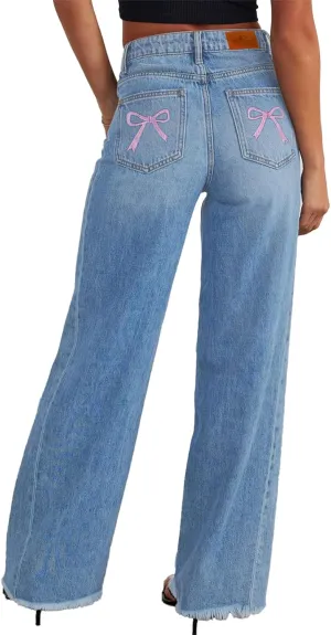 Sidefeel Women's Bowknot Wide Leg Jeans High Waisted Strechy Raw Hem Denim Pants
