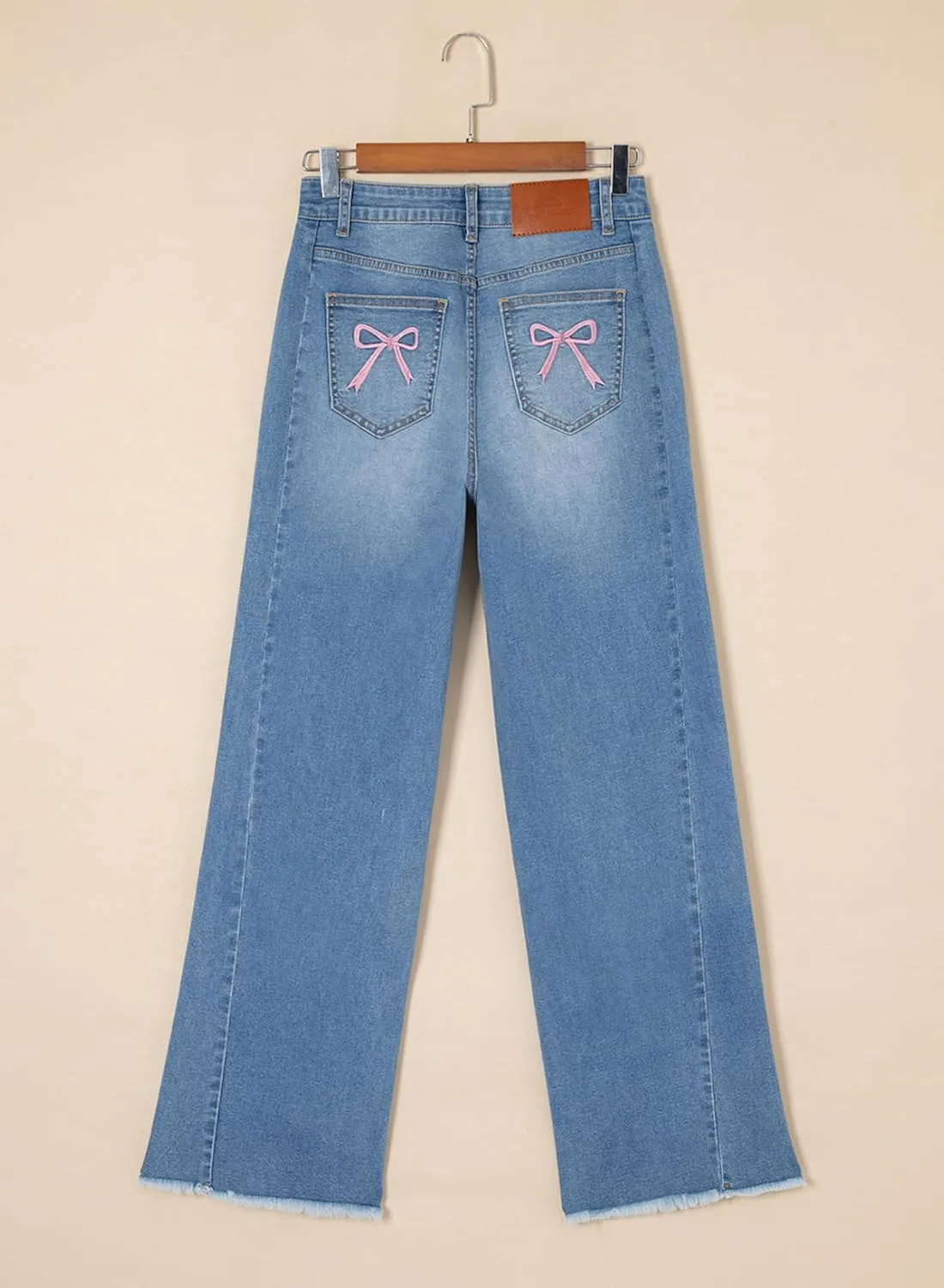 Sidefeel Women's Bowknot Wide Leg Jeans High Waisted Strechy Raw Hem Denim Pants