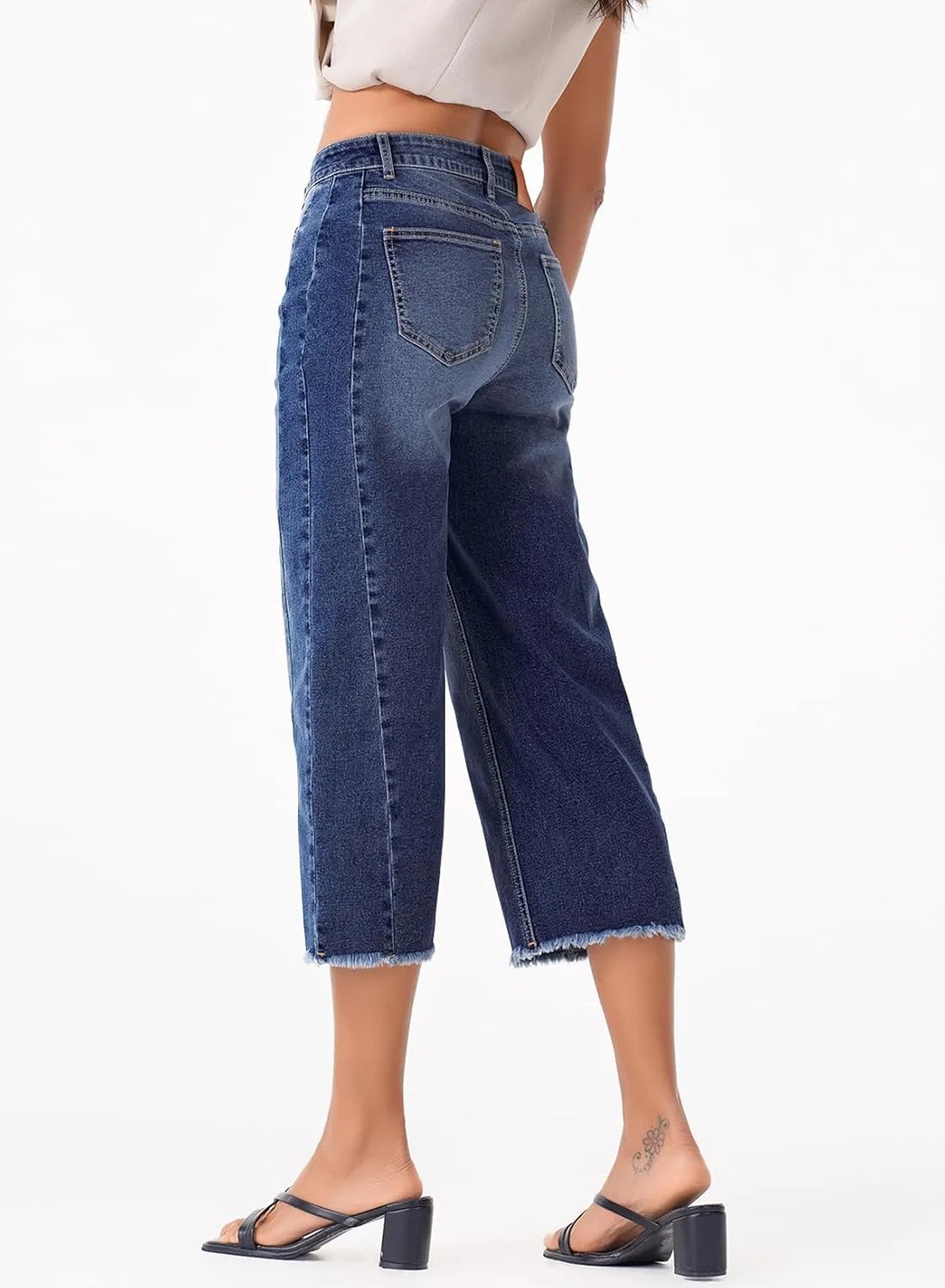 Sidefeel Women's Capri Jeans High Waisted Wide Leg Stretchy Raw Hem Side Seam Zimbaplatinum Denim Pants