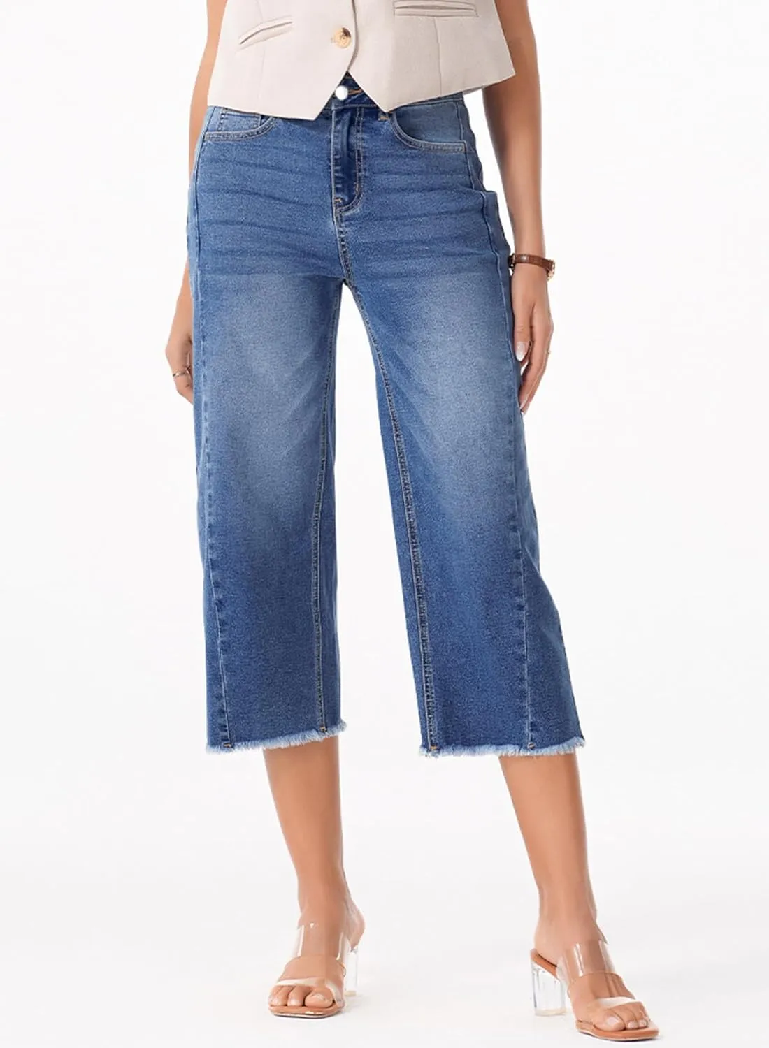 Sidefeel Women's Capri Jeans High Waisted Wide Leg Stretchy Raw Hem Side Seam Zimbaplatinum Denim Pants