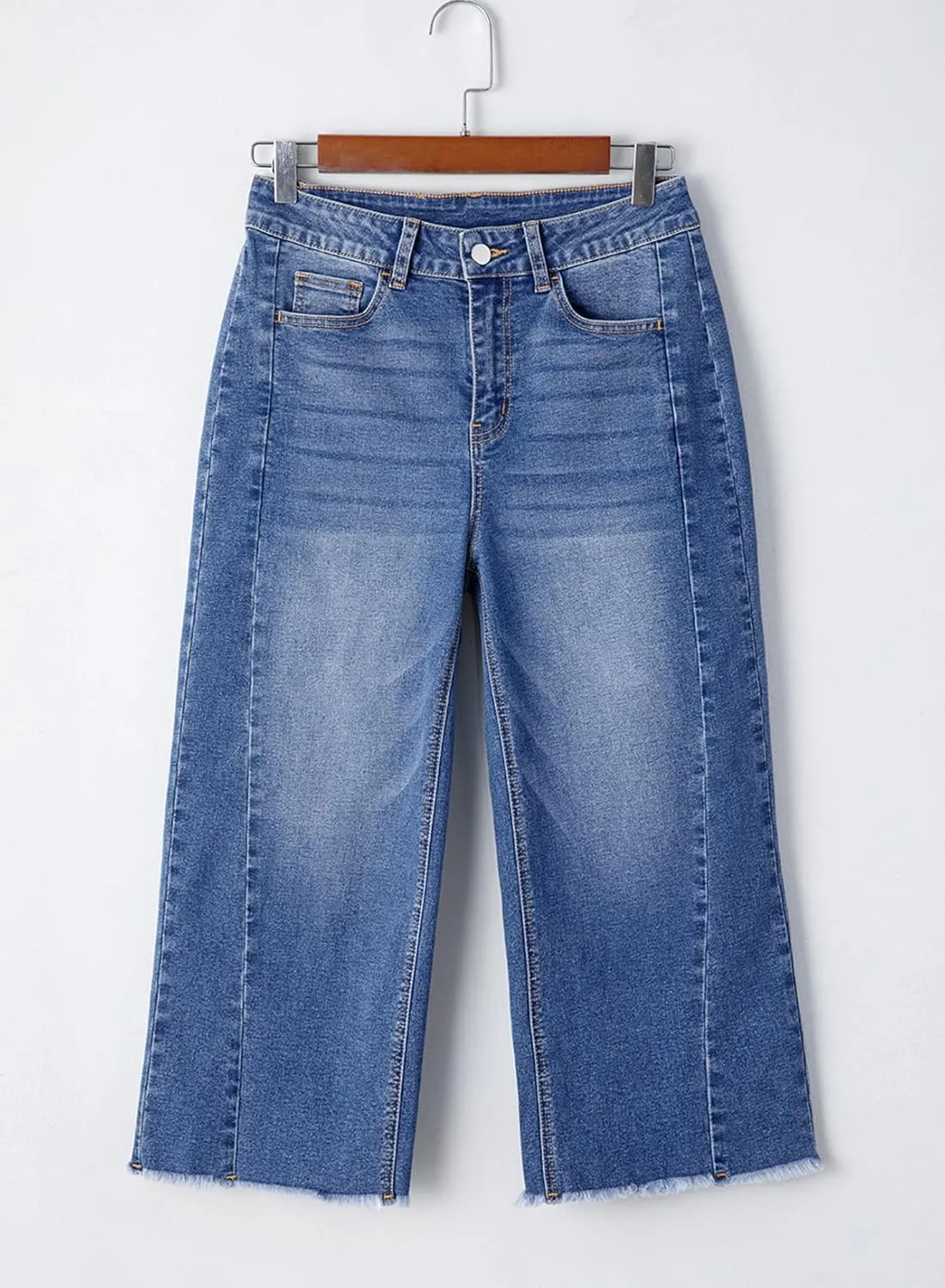 Sidefeel Women's Capri Jeans High Waisted Wide Leg Stretchy Raw Hem Side Seam Zimbaplatinum Denim Pants