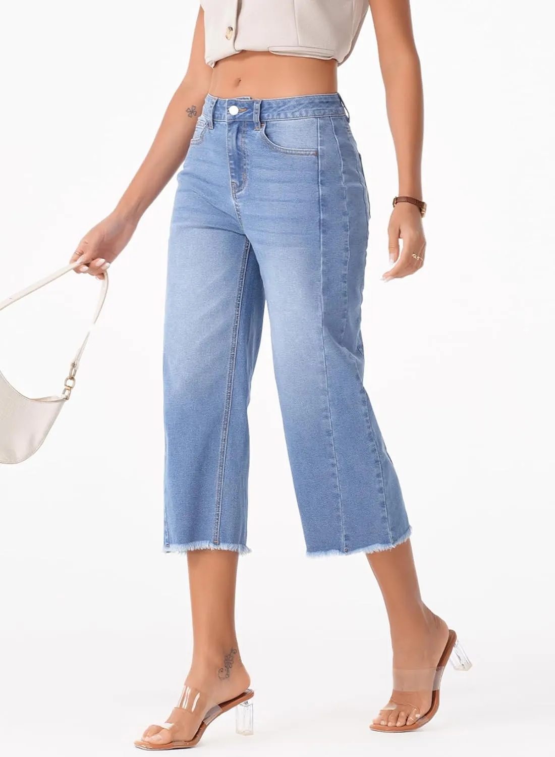 Sidefeel Women's Capri Jeans High Waisted Wide Leg Stretchy Raw Hem Side Seam Zimbaplatinum Denim Pants