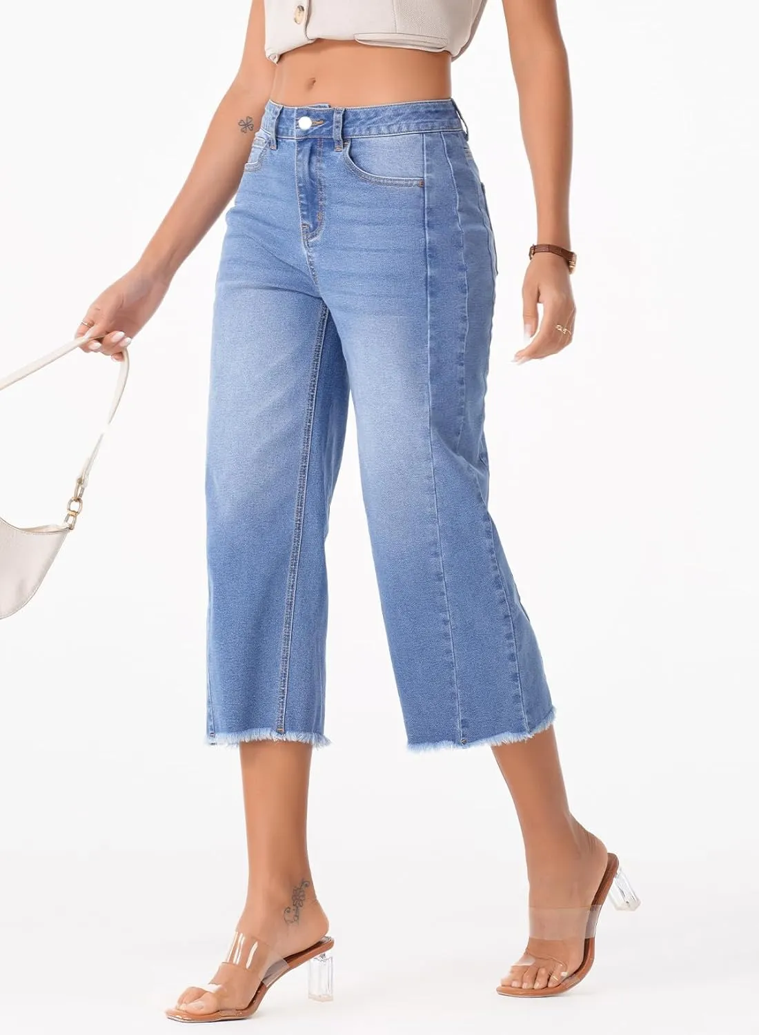 Sidefeel Women's Capri Jeans High Waisted Wide Leg Stretchy Raw Hem Side Seam Zimbaplatinum Denim Pants