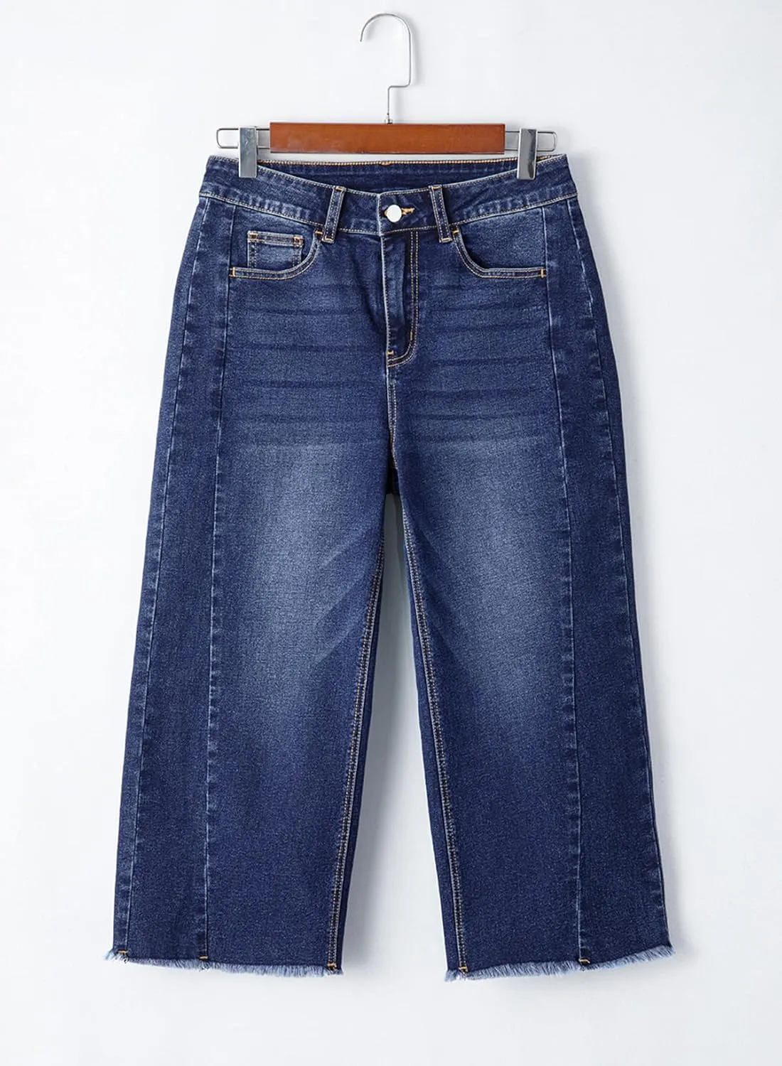 Sidefeel Women's Capri Jeans High Waisted Wide Leg Stretchy Raw Hem Side Seam Zimbaplatinum Denim Pants