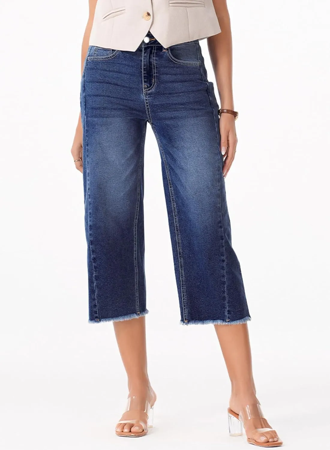 Sidefeel Women's Capri Jeans High Waisted Wide Leg Stretchy Raw Hem Side Seam Zimbaplatinum Denim Pants