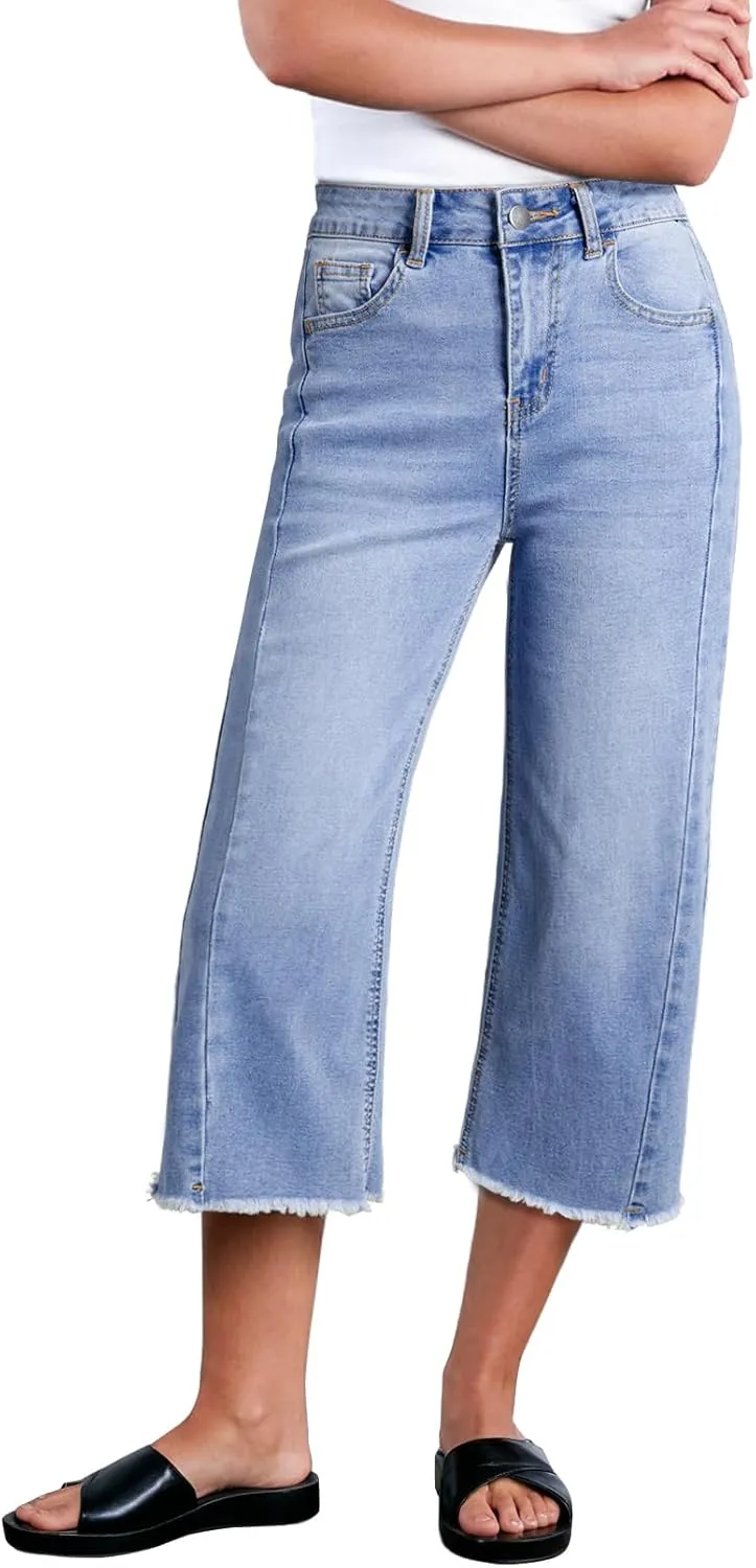 Sidefeel Women's Capri Jeans High Waisted Wide Leg Stretchy Raw Hem Side Seam Zimbaplatinum Denim Pants