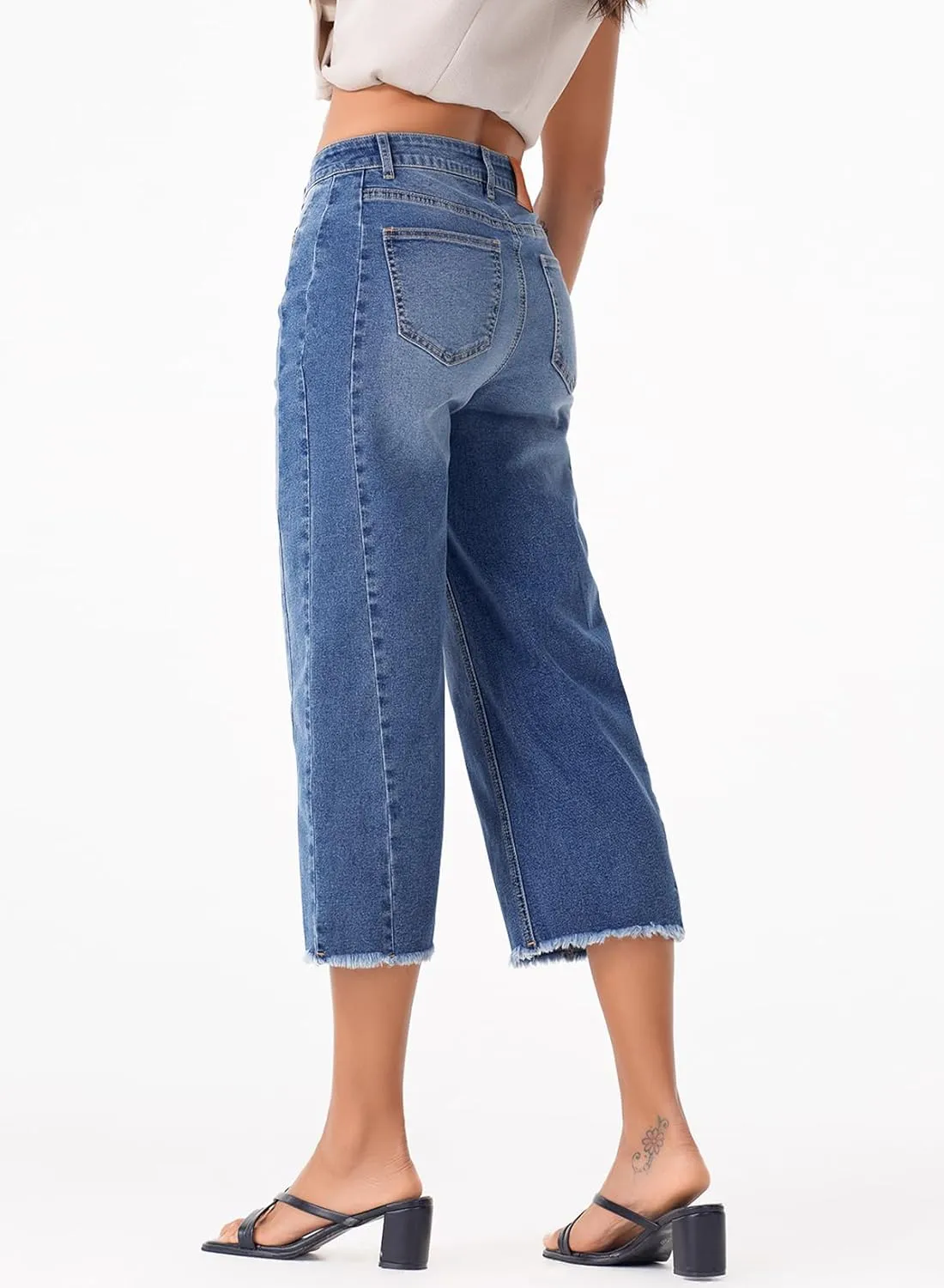 Sidefeel Women's Capri Jeans High Waisted Wide Leg Stretchy Raw Hem Side Seam Zimbaplatinum Denim Pants