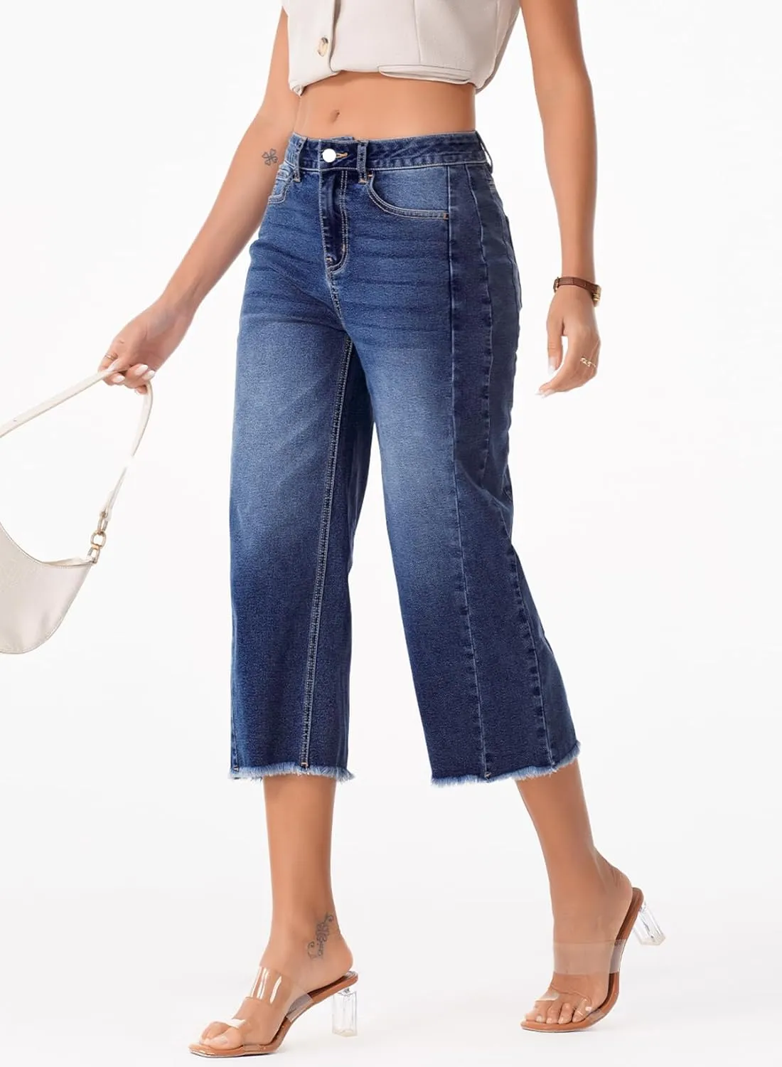 Sidefeel Women's Capri Jeans High Waisted Wide Leg Stretchy Raw Hem Side Seam Zimbaplatinum Denim Pants