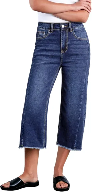 Sidefeel Women's Capri Jeans High Waisted Wide Leg Stretchy Raw Hem Side Seam Zimbaplatinum Denim Pants