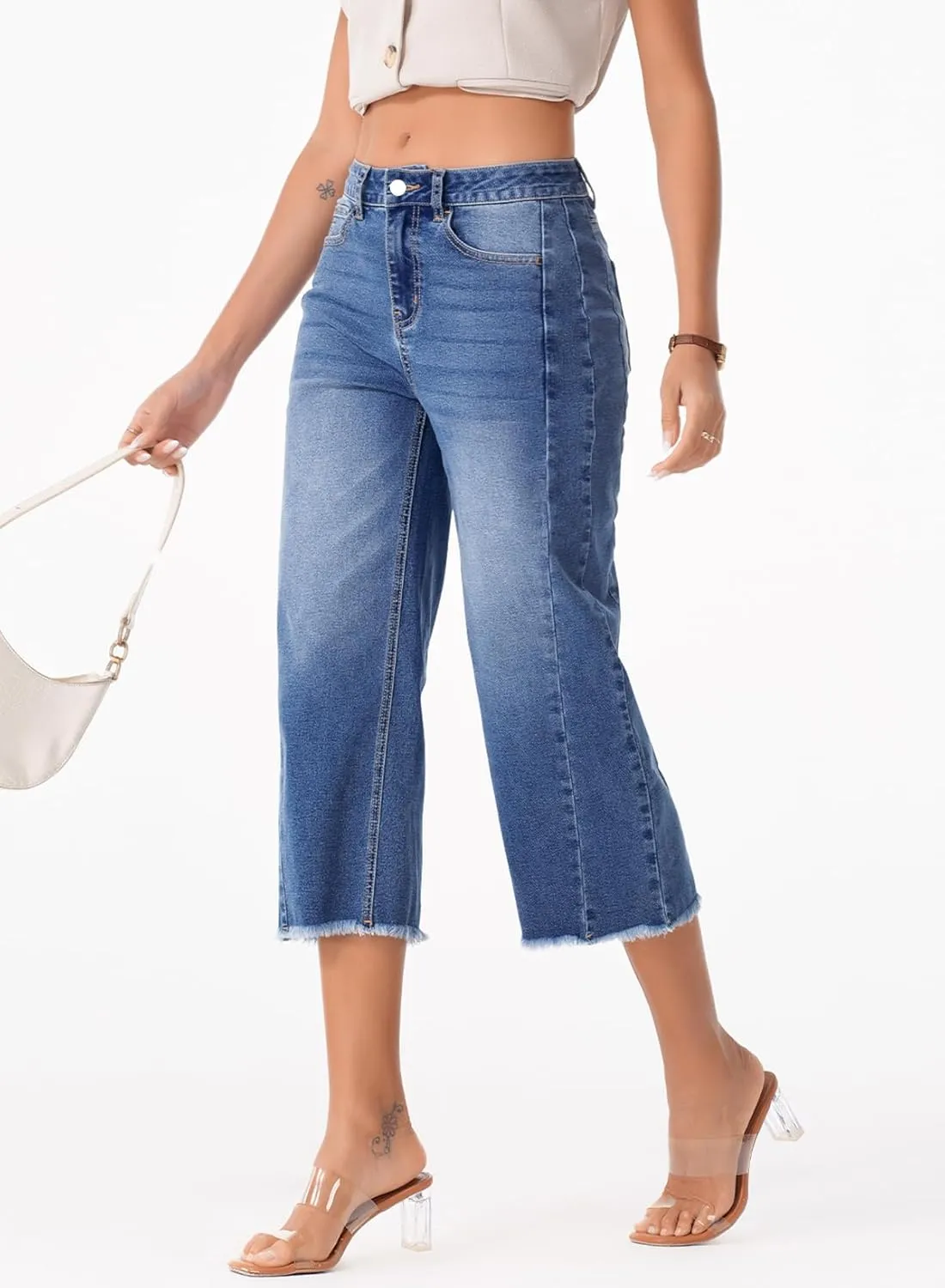 Sidefeel Women's Capri Jeans High Waisted Wide Leg Stretchy Raw Hem Side Seam Zimbaplatinum Denim Pants