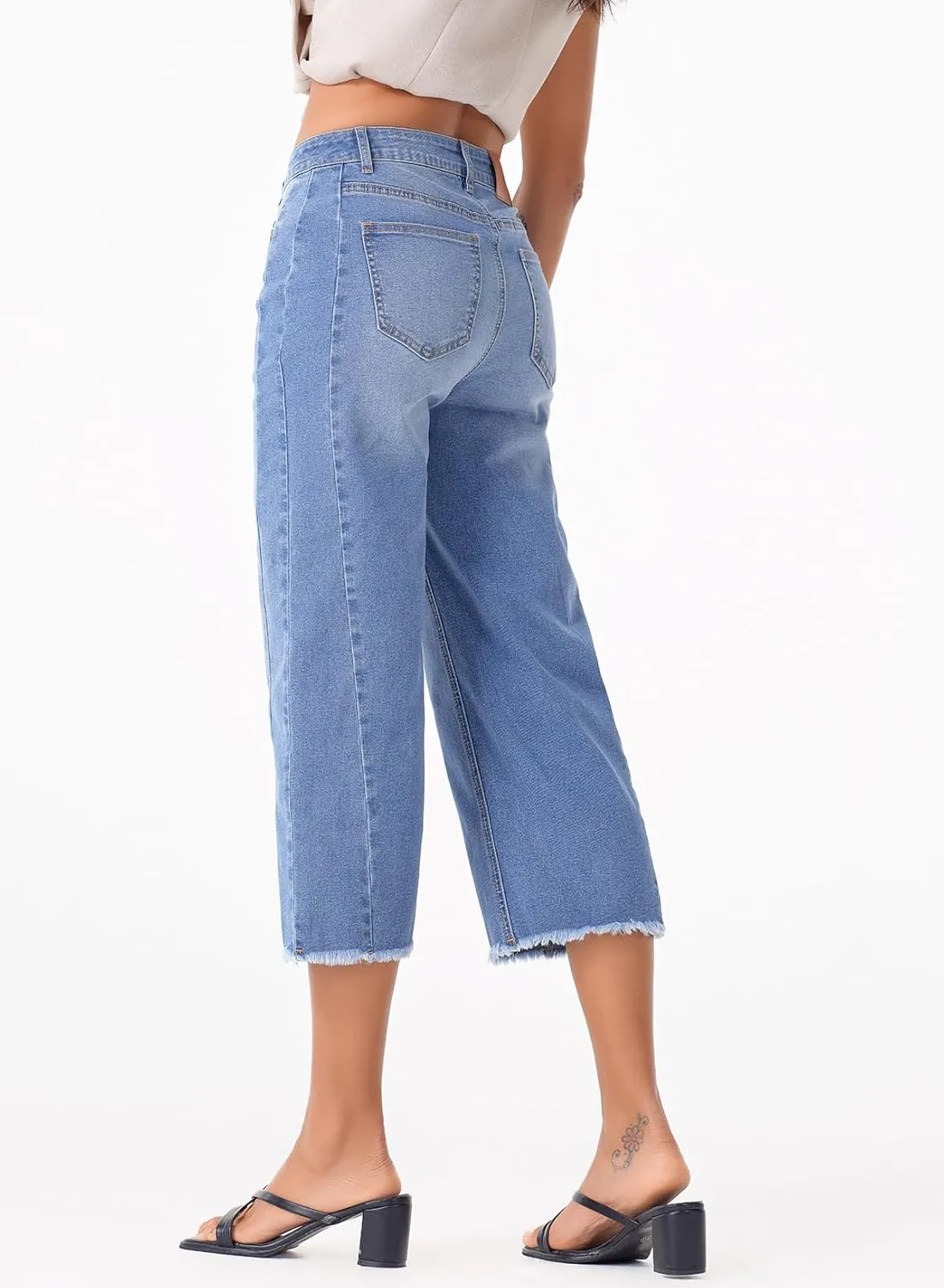 Sidefeel Women's Capri Jeans High Waisted Wide Leg Stretchy Raw Hem Side Seam Zimbaplatinum Denim Pants