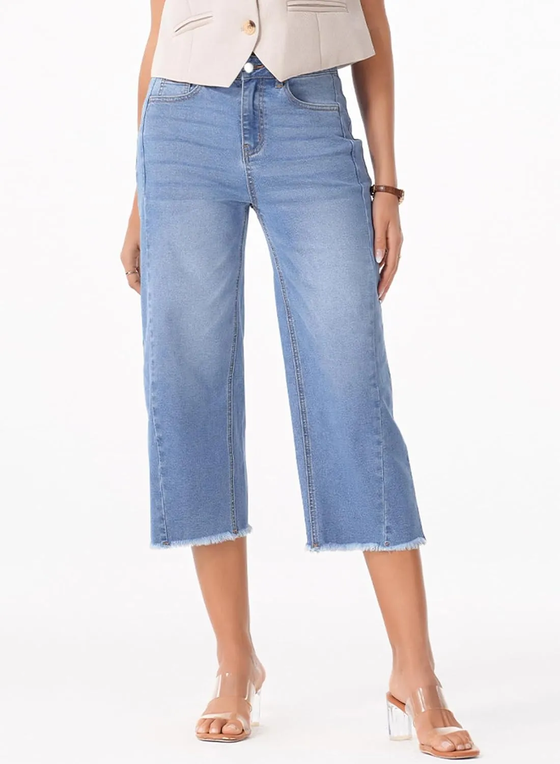 Sidefeel Women's Capri Jeans High Waisted Wide Leg Stretchy Raw Hem Side Seam Zimbaplatinum Denim Pants