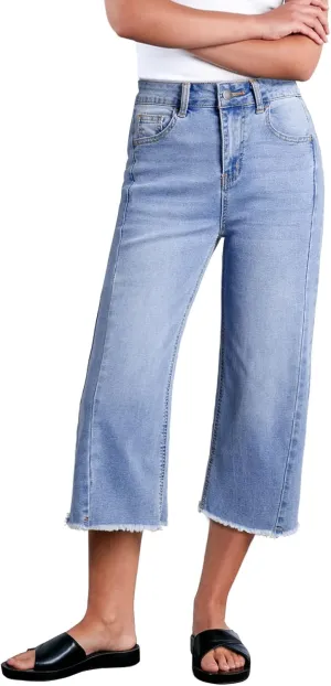 Sidefeel Women's Capri Jeans High Waisted Wide Leg Stretchy Raw Hem Side Seam Zimbaplatinum Denim Pants