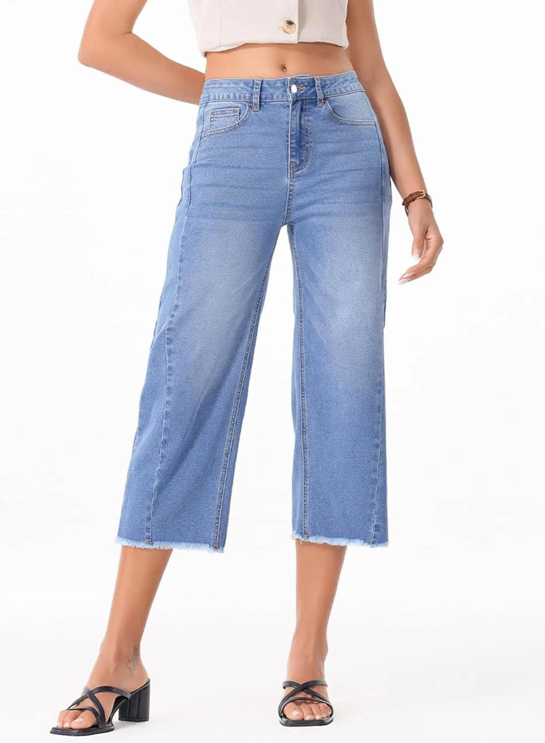 Sidefeel Women's Capri Jeans High Waisted Wide Leg Stretchy Raw Hem Side Seam Zimbaplatinum Denim Pants