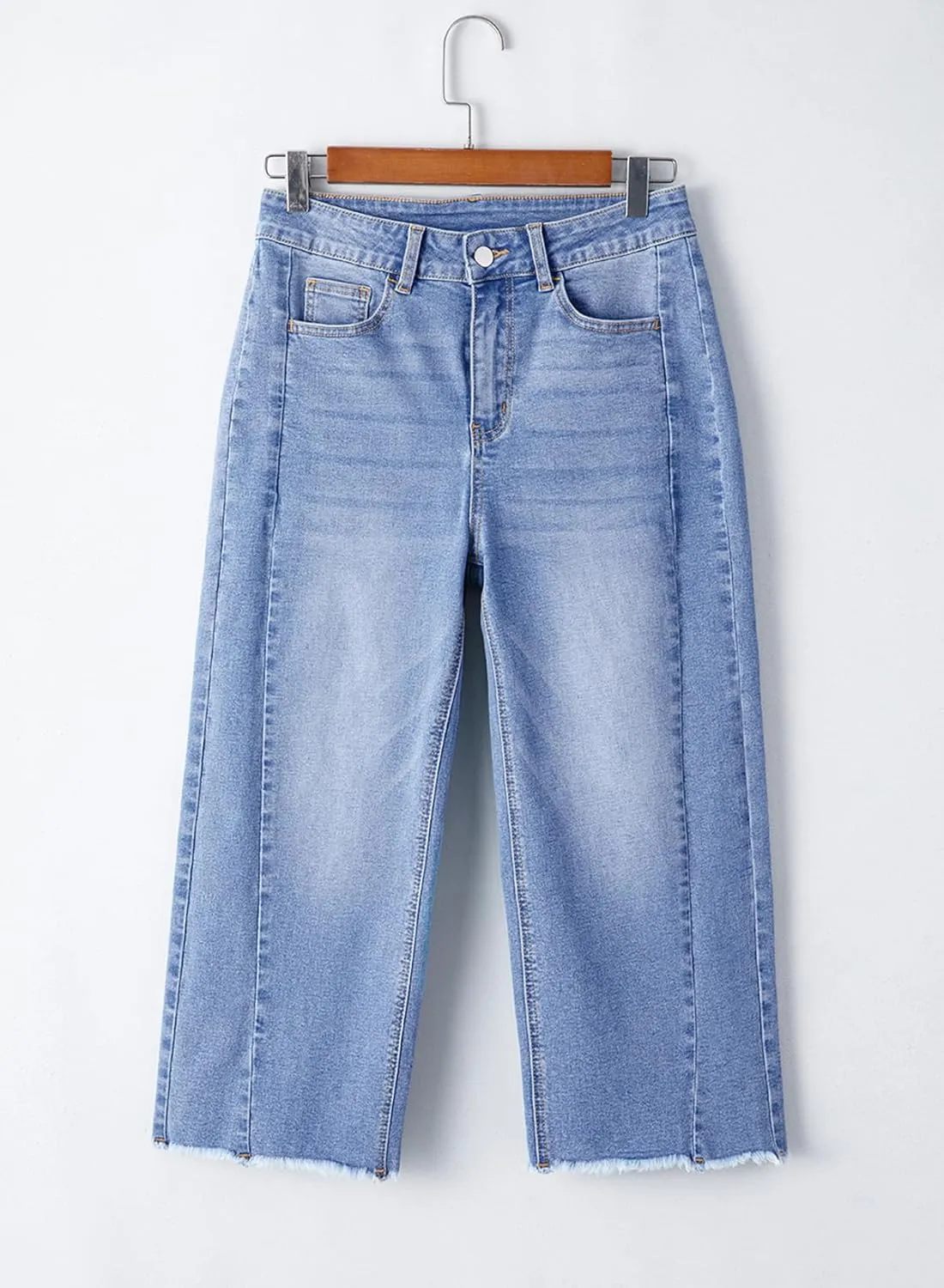 Sidefeel Women's Capri Jeans High Waisted Wide Leg Stretchy Raw Hem Side Seam Zimbaplatinum Denim Pants