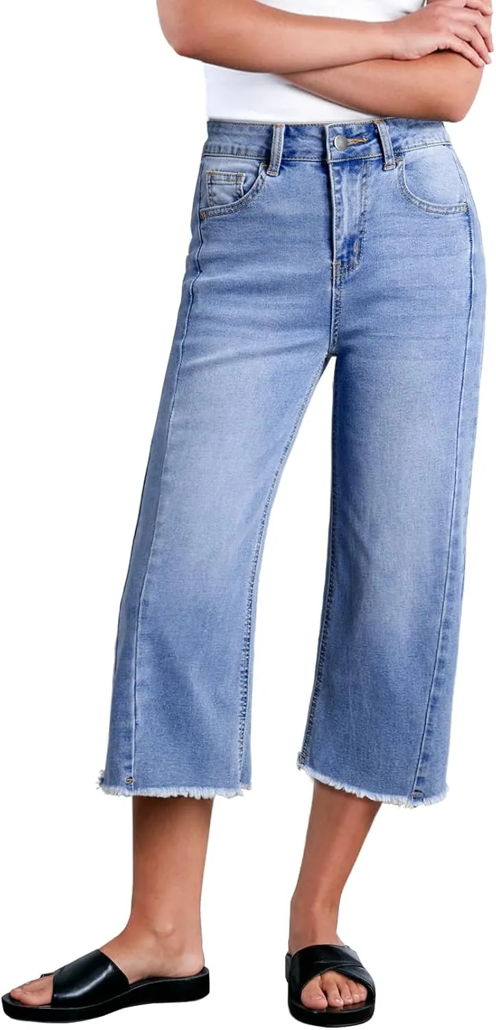 Sidefeel Women's Capri Jeans High Waisted Wide Leg Stretchy Raw Hem Side Seam Zimbaplatinum Denim Pants