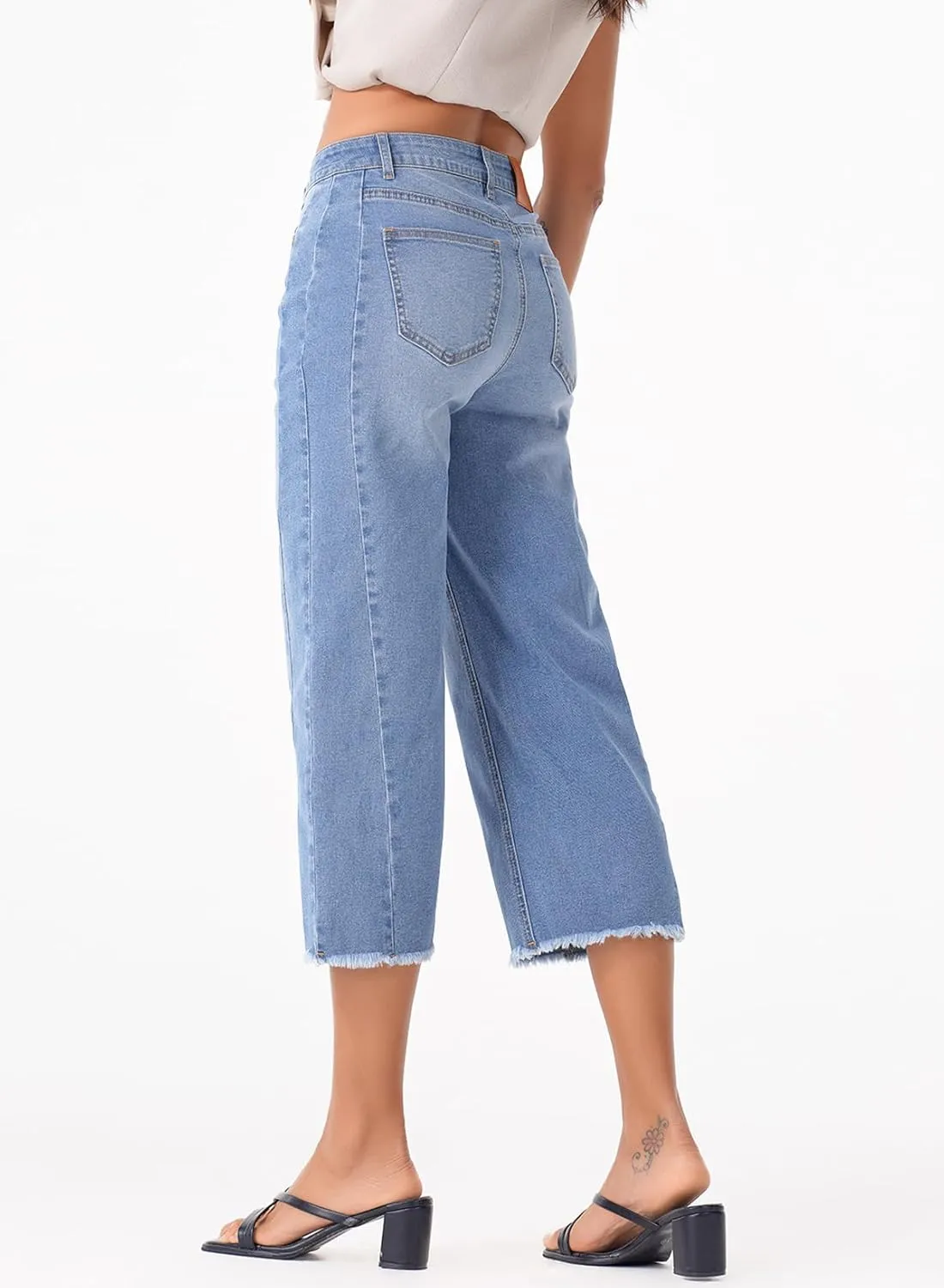 Sidefeel Women's Capri Jeans High Waisted Wide Leg Stretchy Raw Hem Side Seam Zimbaplatinum Denim Pants