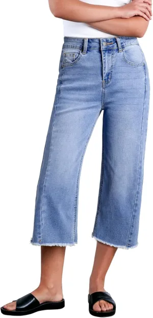 Sidefeel Women's Capri Jeans High Waisted Wide Leg Stretchy Raw Hem Side Seam Zimbaplatinum Denim Pants
