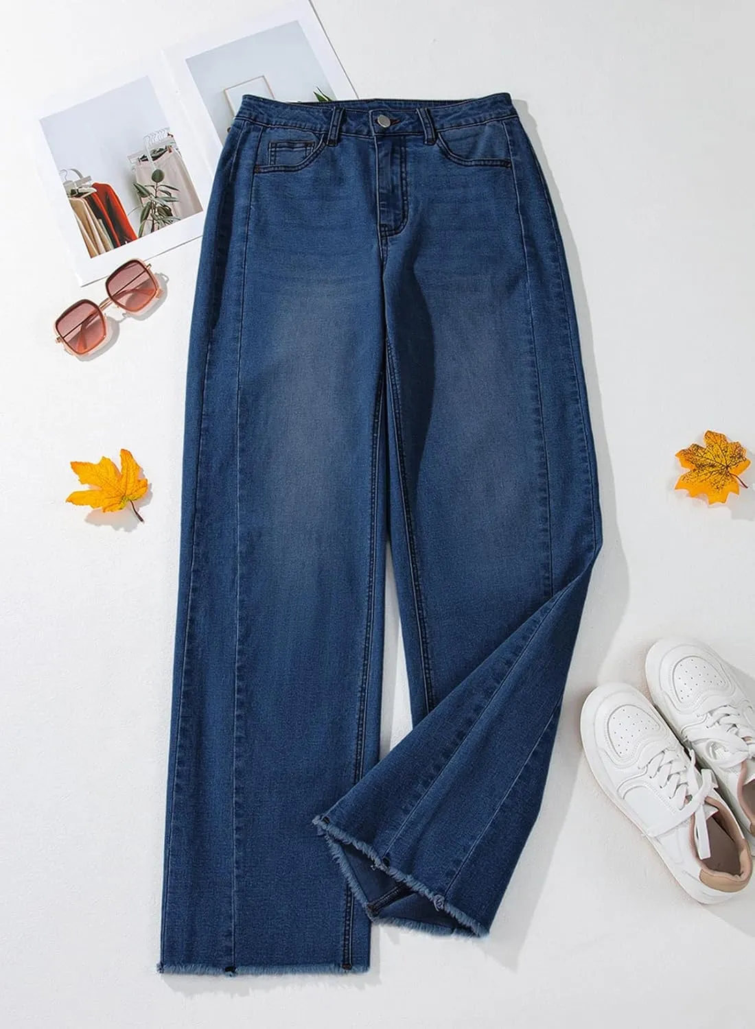 Sidefeel Women's Wide Leg Jeans High Waisted Strechy Raw Hem Zimbaplatinum Denim Pants