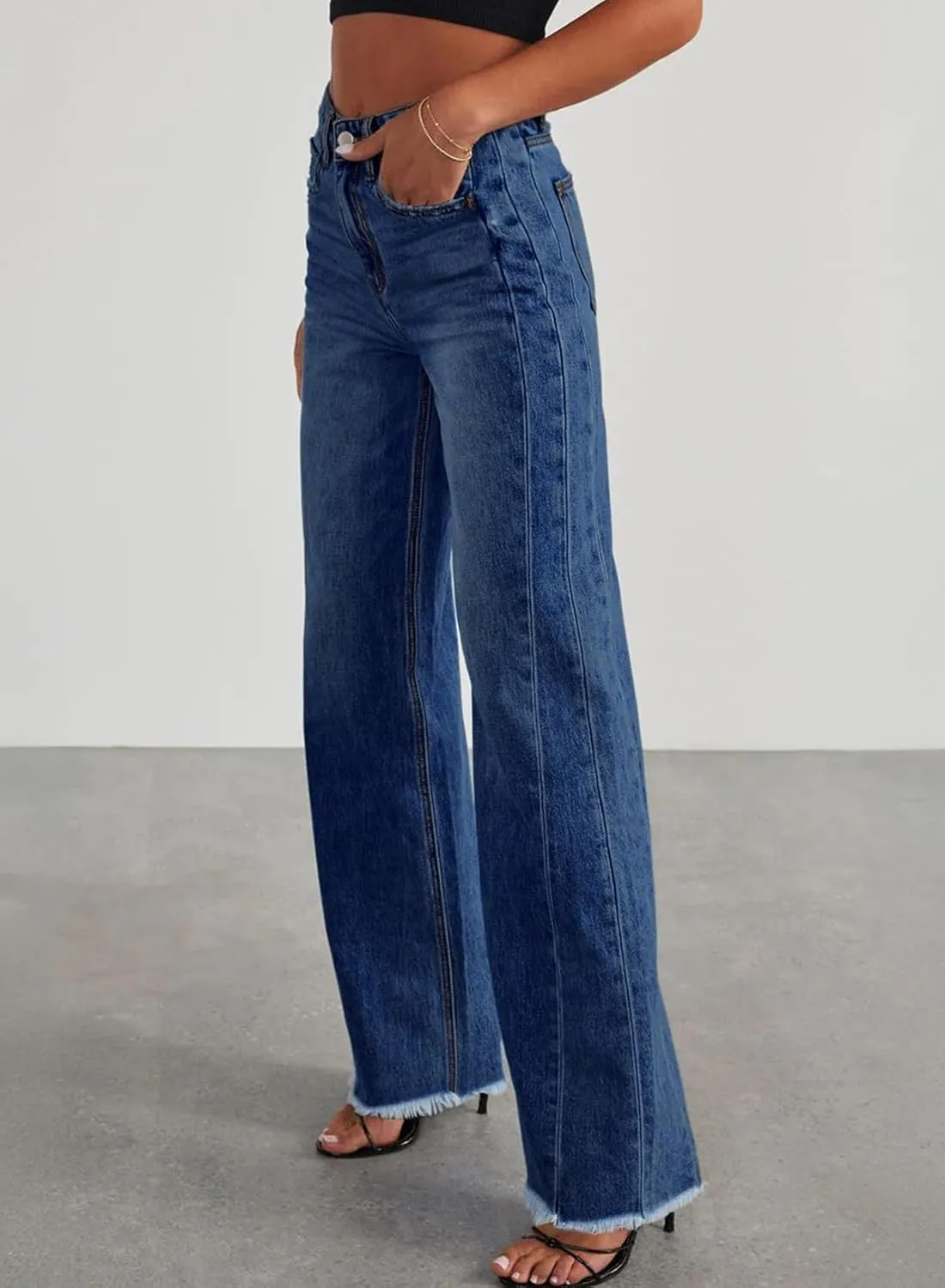 Sidefeel Women's Wide Leg Jeans High Waisted Strechy Raw Hem Zimbaplatinum Denim Pants
