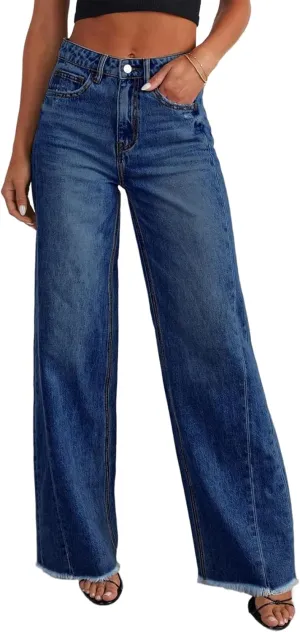 Sidefeel Women's Wide Leg Jeans High Waisted Strechy Raw Hem Zimbaplatinum Denim Pants