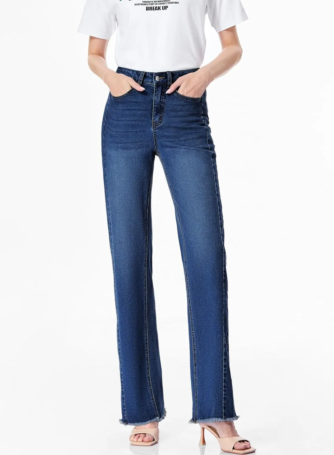 Sidefeel Women's Wide Leg Jeans High Waisted Strechy Raw Hem Zimbaplatinum Denim Pants