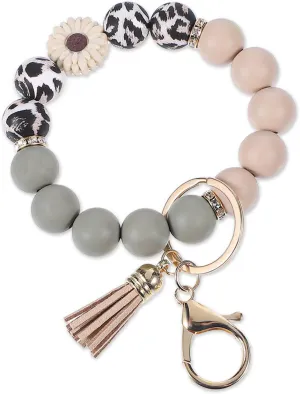 Silicone Bead Keychain Wrist Bracelet Silicone Bead Wristlet Keychain for Women Flower Cute Car Key Chain Holder Key Ring Bracelet With Tassel