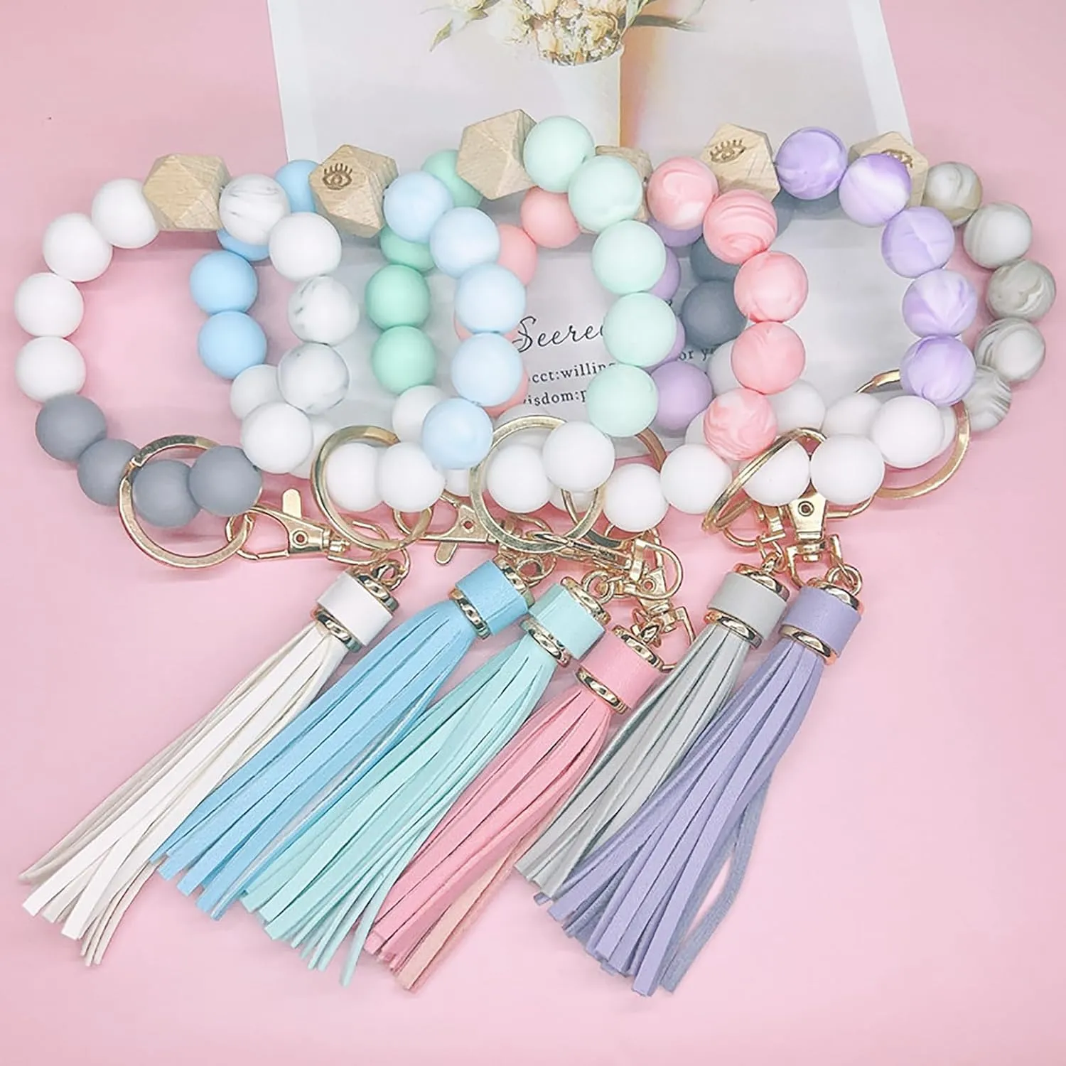 Silicone Beaded Bracelet Key Chain Elastic Keychain Bracelet Silicone Bead Bracelet Key Ring Wristlet for Women