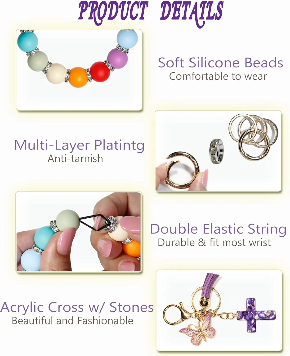 Silicone Beaded Bracelet Keychain Wristlet Key Ring Bangle Chains for Women with PU Leather Tassel, Gifts