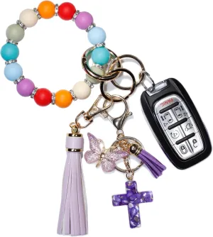Silicone Beaded Bracelet Keychain Wristlet Key Ring Bangle Chains for Women with PU Leather Tassel, Gifts