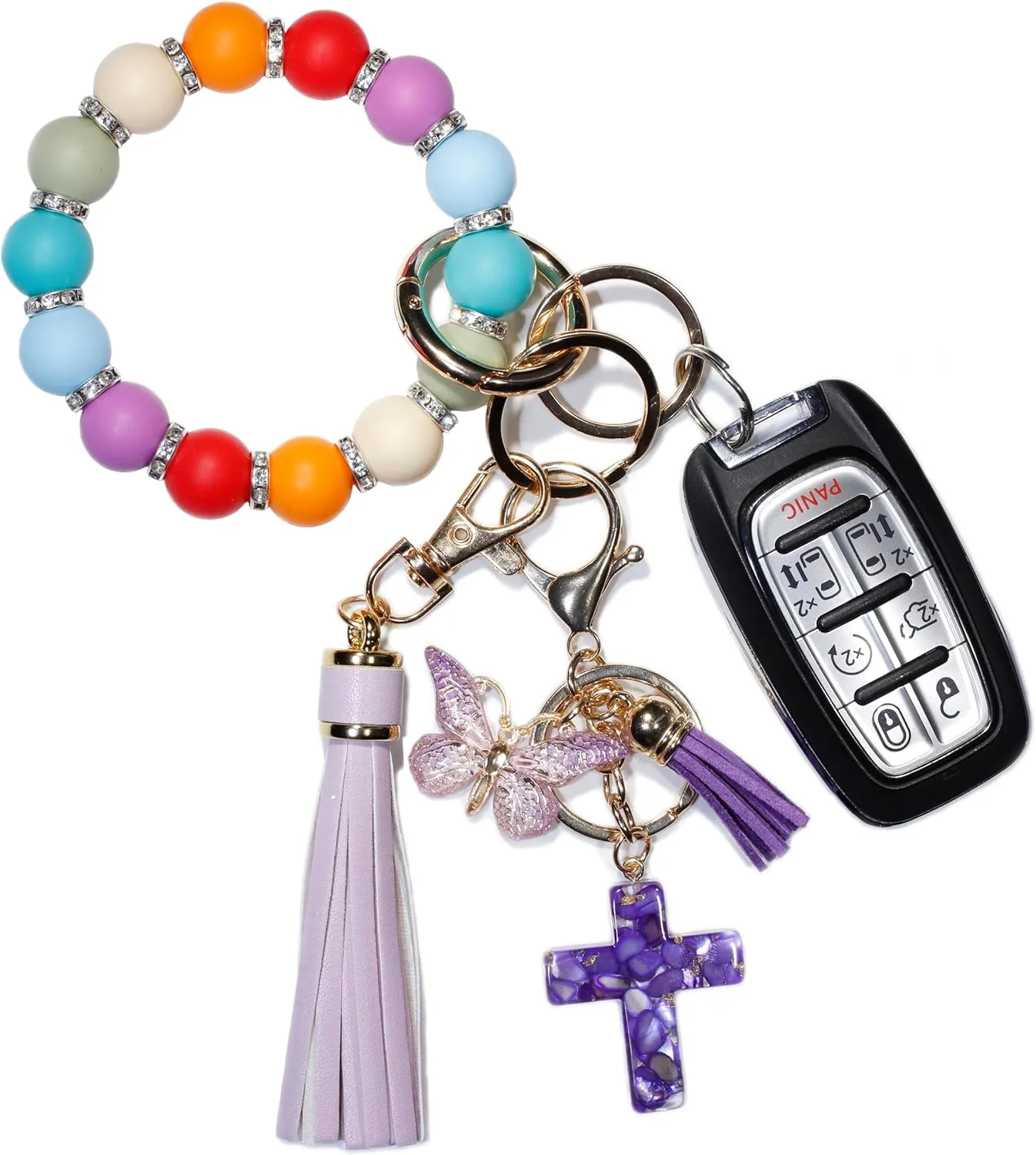 Silicone Beaded Bracelet Keychain Wristlet Key Ring Bangle Chains for Women with PU Leather Tassel, Gifts