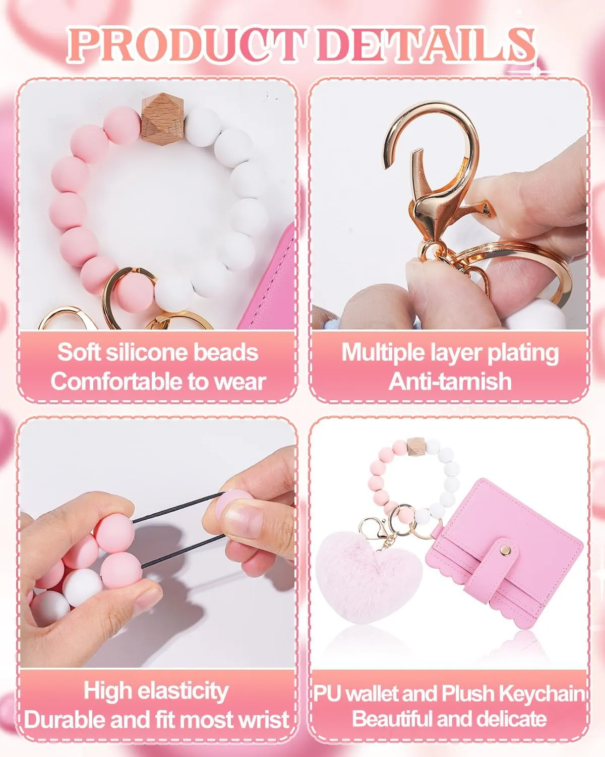 Silicone Bracelet Keychain Wallet for Women Wrist Keychain Car Key Chain with Card Holder and Plush Heart Keychain