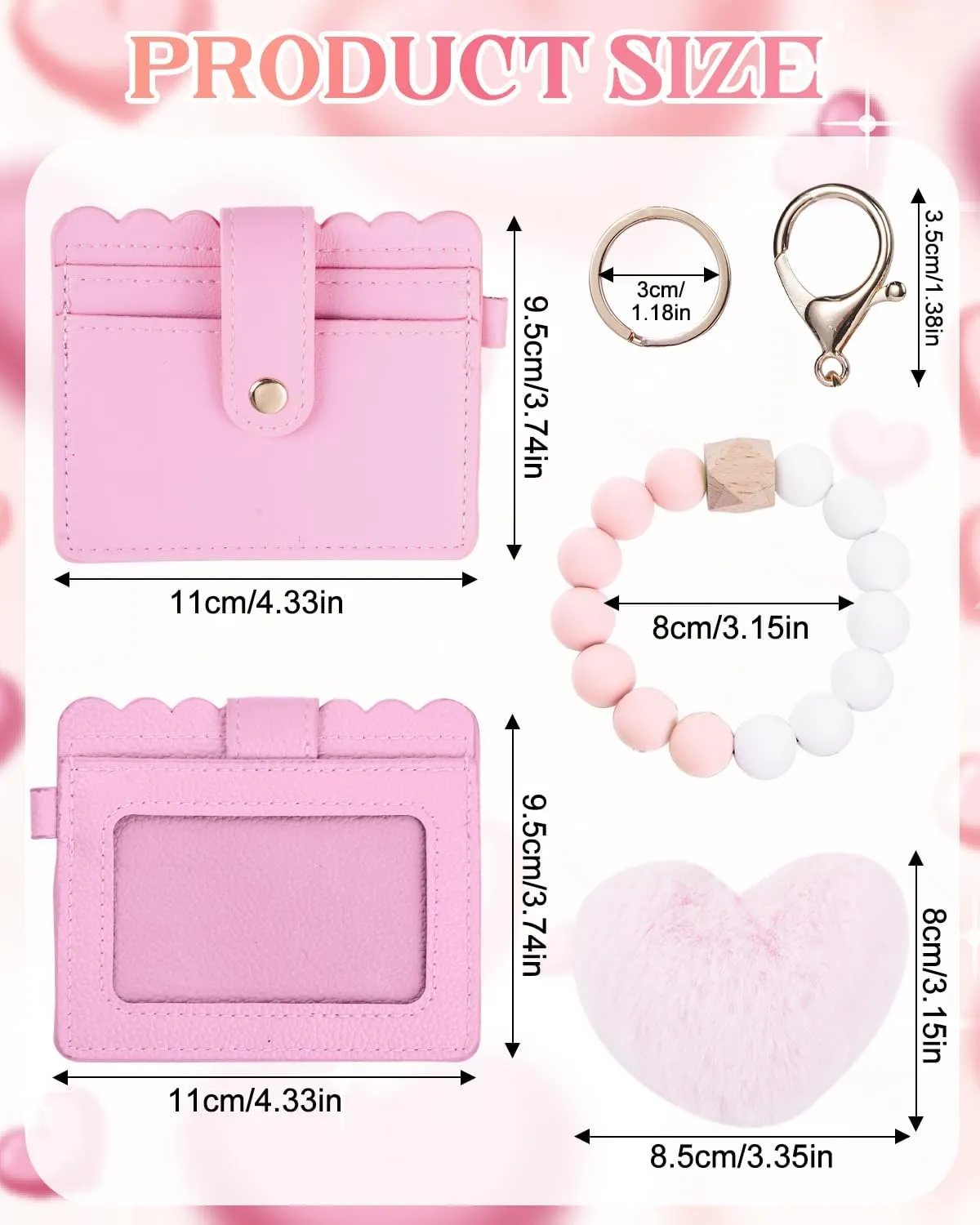 Silicone Bracelet Keychain Wallet for Women Wrist Keychain Car Key Chain with Card Holder and Plush Heart Keychain