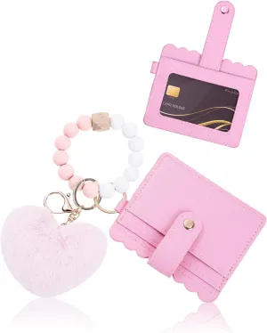 Silicone Bracelet Keychain Wallet for Women Wrist Keychain Car Key Chain with Card Holder and Plush Heart Keychain