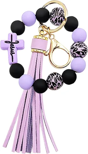 Silicone Keychain Bracelet,Wrist Key ring,Keychain Bracelet,Silicone Key Ring Bracelet Wristlet Keychain Cross Leopard Beaded Bangle KeyChain for Women with Leather Tassel Wallet Car Keychain Wristlet